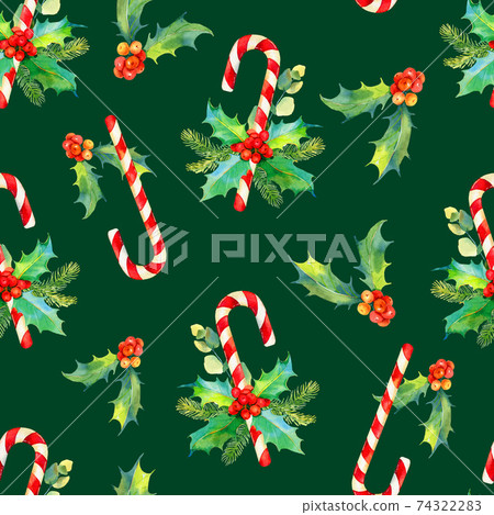 Christmas seamless watercolor pattern. Tasty set of Christmas sweets.  74322283