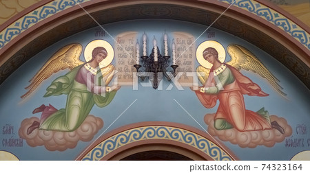 Fresco two angels in the church of St. Alexander Nevsky in the city of Kaliningrad. 74323164