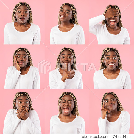 Mosaic collage of black woman expressing different emotions Mosaic collage of black woman expressing different emotions 74323463