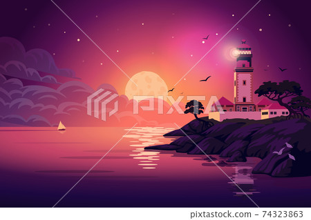 Lighthouse - vector landscape. Sea landscape with beacon on the cliff at night. Vector horizontal illustration in flat cartoon style 74323863