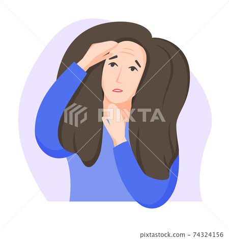 Woman found first wrinkles, worry about getting old, dissatisfaction with oneself, appearance-related social pressure and ageism issue, flat style. Vector  74324156