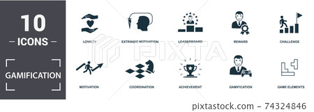 Gamification icon set. Contain filled flat challenge, game elements, leaderboards, loyalty, coordination, reward icons. Editable format 74324846