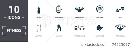 Fitness icons set collection. Includes simple elements such as Water, Sport Watch, Body Building, Junk Food, Gym, Leggings and Wireless Music premium icons 74325057