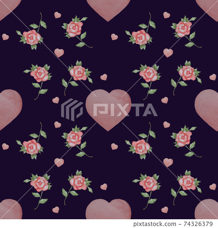 Seamless patterns. Floral pattern - Roses and hearts on a black background. Watercolor. Romantic pattern for valentine, print, packaging, decor, wallpaper and design 74326379