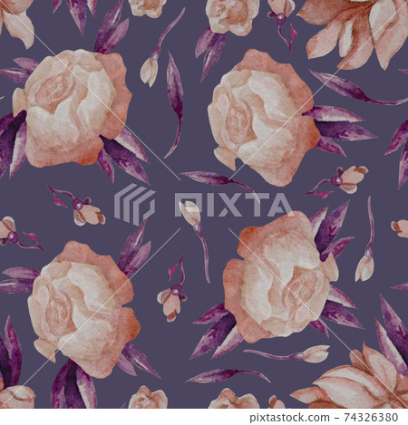 Seamless patterns. Floral pattern of pink flowers, peonies and rosebuds with purple leaves on a gray background. Watercolor. For design, decor, packaging, textiles, decor and wallpaper Seamless patterns. Floral pattern of pink flowers, peonies and rosebuds with purple leaves on a gray background. Watercolor. For design, decor, packaging, textiles, decor and wallpaper 74326380