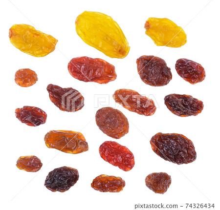 Black, red and yellow Raisins isolated on white background, Top view 74326434