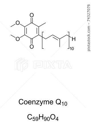 Coenzyme Q10, or also ubiquinone-10, chemical formula and skeletal structure. Most common form of coenzyme Q. Used as dietary supplement and ingredient in cosmetics. Illustration over white. Vector. Coenzyme Q10, or also ubiquinone-10, chemical formula and skeletal structure. Most common form of coenzyme Q. Used as dietary supplement and ingredient in cosmetics. Illustration over white. Vector. 74327076