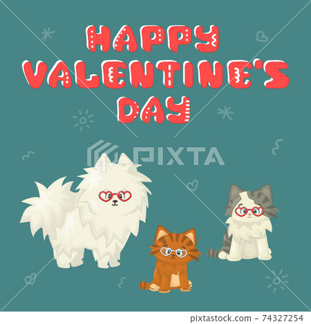 White cartoon isolated vector cute flat dog with two cats on blue or green background. One cat is white and gray, second is red with stripes. Everybody is in heart eyeglasses for Valentines day party 74327254
