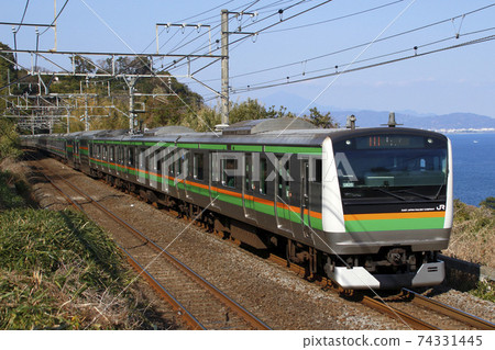 沿海岸行駛的東海道本線E233系列車 74331445