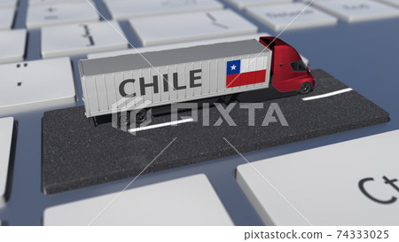 Truck with flag of Chile moves on the keyboard key. Export or import related 3d rendering 74333025