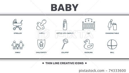 Baby Things icons set collection. Includes creative elements such as Stroller, Nipple, Bottle With Pacifier, Cot, Changing Table, Child Safety and Lollipop premium icons Baby Things icons set collection. Includes creative elements such as Stroller, Nipple, Bottle With Pacifier, Cot, Changing Table, Child Safety and Lollipop premium icons 74333600