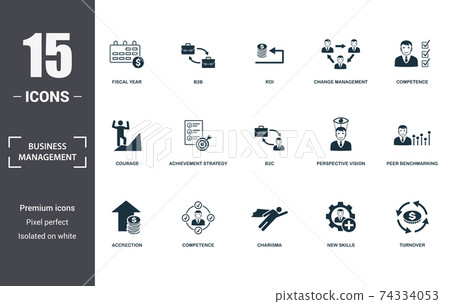 Business Management icon set. Contain filled flat charisma, competence, competence, achievement strategy, perspective vision, courage, new skills, peer benchmarking, accrection icons. Editable format 74334053