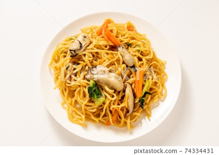 Chinese style fried noodles with oysters and bok choy. 74334431