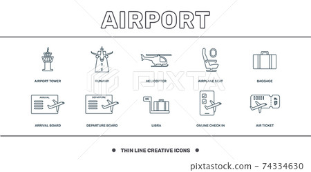 Airport set icons collection. Includes simple elements such as Airport Tower, Runway, Helicopter, Airplane Seat, Baggage, Departure Board and Libra premium icons 74334630