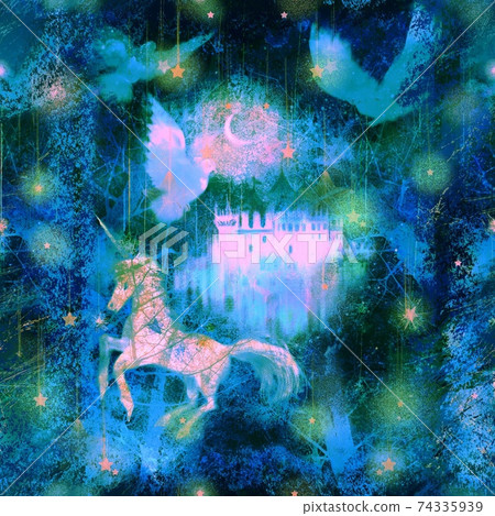 從神秘的斯堪的納維亞森林裡玩耍的鴿子，獨角獸和星星的圖案插圖 74335939