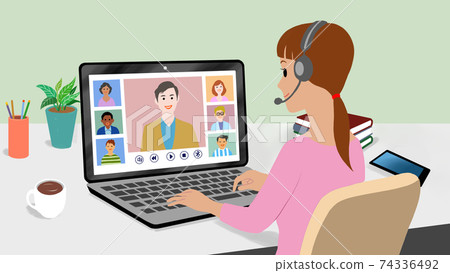 A woman is conducting a video conference with a large number of people. A woman is conducting a video conference with a large number of people. 74336492