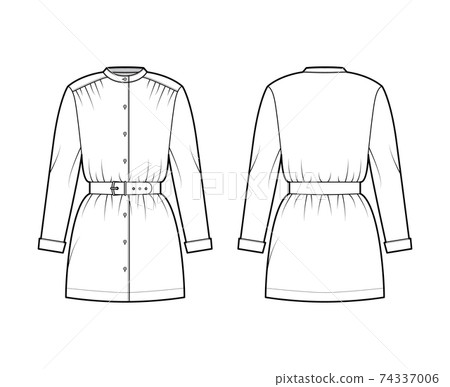 Belted blouse technical fashion illustration with long sleeves, stand collar, oversized, button up, enlarged hem. Flat 74337006