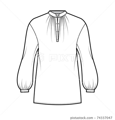 Over blouse technical fashion illustration with bouffant long sleeves, stand halter gathered collar, oversized. Flat 74337047