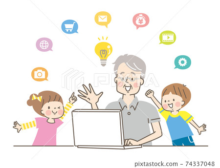 Senior man operating a computer and smiling grandson Senior man operating a computer and smiling grandson 74337048