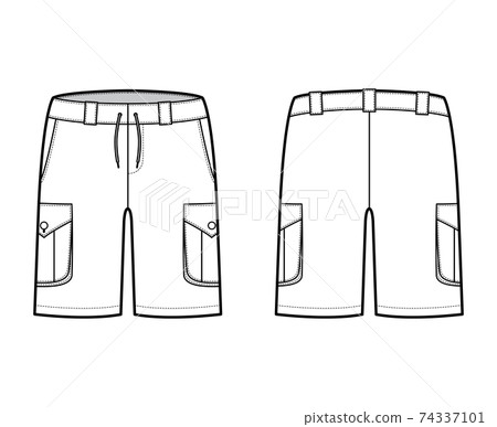 Short cargo technical fashion illustration with mid-thigh length, low waist, rise, slashed, bellows pocket. Flat Bermuda 74337101
