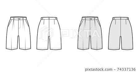 Short Bermuda dress pants technical fashion illustration with above-knee length, single pleat, normal waist, high rise 74337136