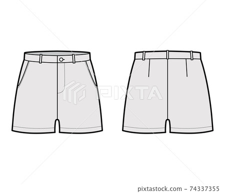 Short pants technical fashion illustration with mid-thigh length, low waist, rise, slashed pocket. Flat bottom apparel  74337355