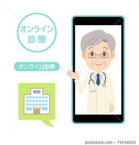 Online medical treatment on a smartphone, a male doctor in a white coat 74338020