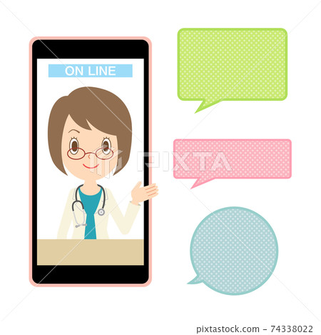 Online medical treatment with a smartphone Female doctor in a white coat 74338022