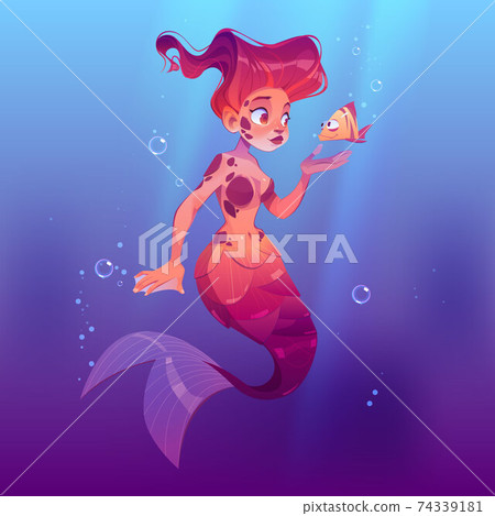 Cute mermaid with little fish underwater in sea 74339181