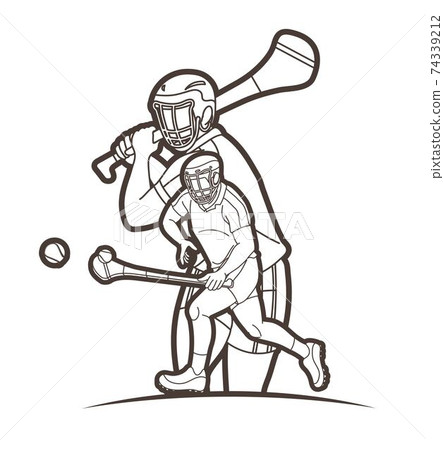 Irish Hurley Sport. Group of Hurling Sport Players Action.  Cartoon Graphic Vector.	 74339212