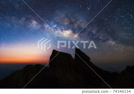 Milky Way Galaxy and Mountain landscape. Milky Way Galaxy and Mountain landscape. 74340134