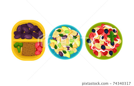 Open Lunch Box with Different Food Inside Vector Set Open Lunch Box with Different Food Inside Vector Set 74340317