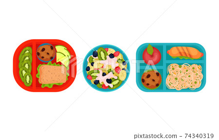 Open Lunch Box with Different Food Inside Vector Set 74340319