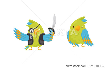 Cute Green Parrot Standing in Pirate Costume Vector Set Cute Green Parrot Standing in Pirate Costume Vector Set 74340432