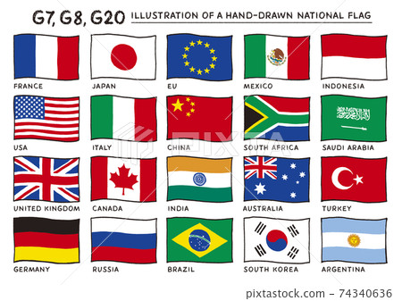 G20，G8，G7國旗在風中飄揚的手繪插圖 74340636