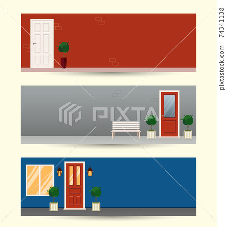 Set of banners with house or office facade and doors Set of banners with house or office facade and doors 74341138