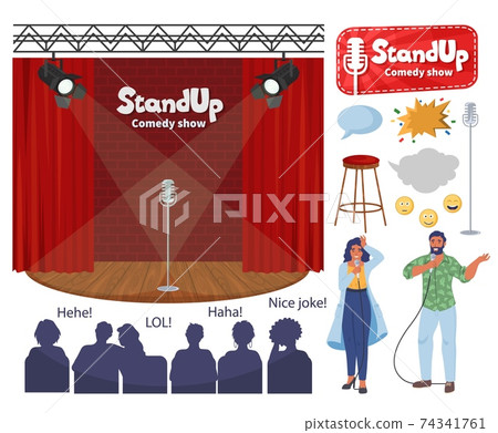 Stand up comedy show stage, comedian cartoon characters with microphones, audience flat vector illustration. Comedy club 74341761