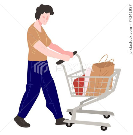 Character shopping buying products pushing cart 74341957