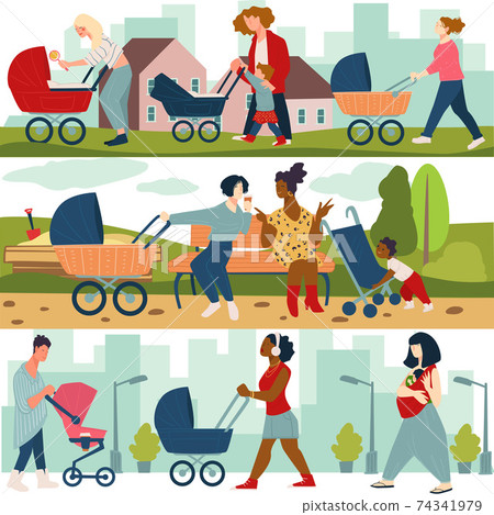 Mom walking outdoors with pram and newborn baby Mom walking outdoors with pram and newborn baby 74341979