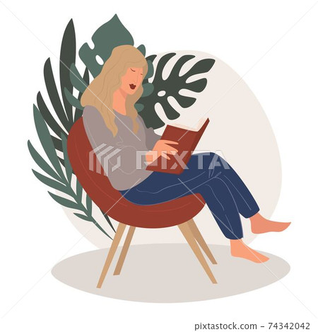 Lady reading book, student learning publication - Stock Illustration ...