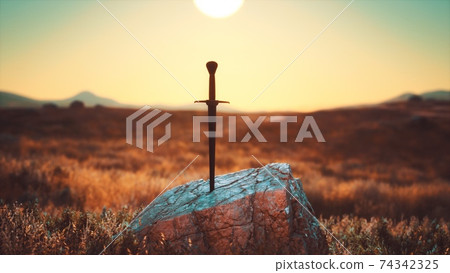 famous sword excalibur of King Arthur in the rock famous sword excalibur of King Arthur in the rock 74342325