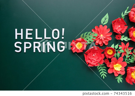Hello, spring. With red paper flowers and green leaves 74343516
