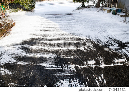Snow shoveled yard on a snowy morning Snow shoveled yard on a snowy morning 74343581