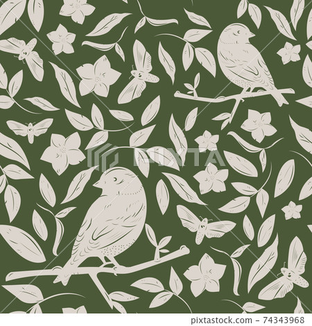 Seamless floral pattern with birds - Stock Illustration [74343968] - PIXTA