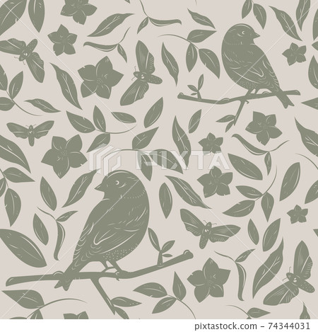 Seamless floral pattern with birds - Stock Illustration [74344031] - PIXTA