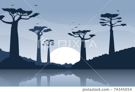 Baobab Tree with Oasis Savanna Landscape Africa Wildlife Illustration Baobab Tree with Oasis Savanna Landscape Africa Wildlife Illustration 74345054