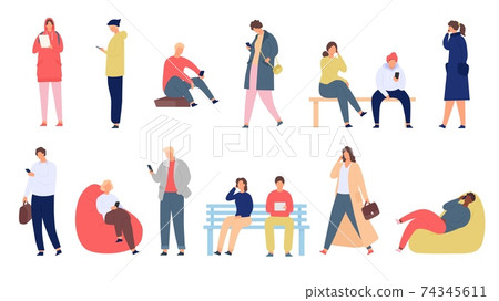 People with phones. Young men and women with smartphone standing and sitting. Mobile society group use device for chat and text, vector set 74345611