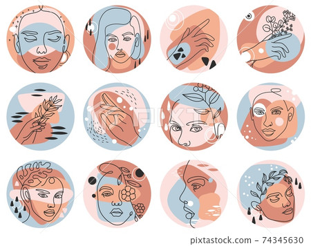 Social media highlight covers. Abstract boho story icons for beauty bloggers with female faces, hands and flowers, round shaped vector set 74345630