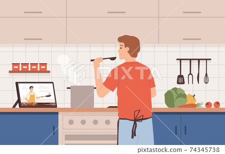 Watch video recipe. Man cooking at kitchen... - Stock Illustration  [74345738] - PIXTA