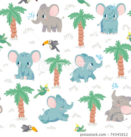 Baby elephants seamless pattern. Cartoon elephants in jungle with palm and parrots. Nursery fabric print with tropical animal vector texture 74345812